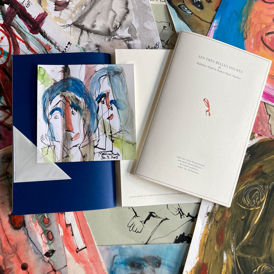 Arbeiten von Matthias Maaß in der Ausstellungshängung – farbige Zeichnungen und Aquarelle der Matthias Maaß Collection